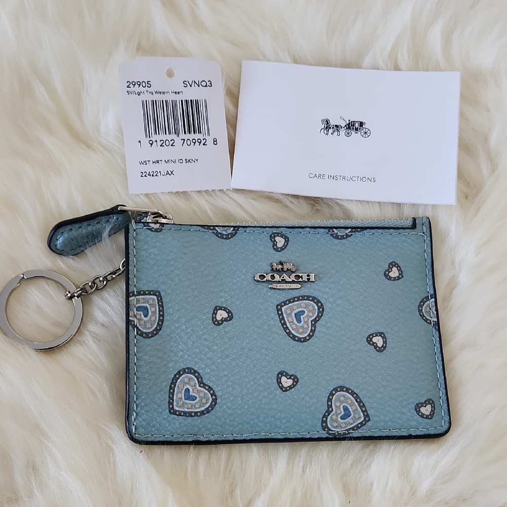 NWT Coach Light Turquoise Western Heart Mini Skinny ID Wallet & Key Ring 🩵🎁